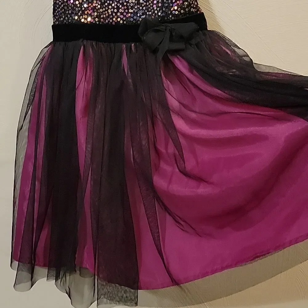 DISNEY D-SIGNED BLACK AND PINK SEQUINED TULLE SLEEVELESS DRESS, SIZE M (10)